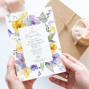 Purple Flowers, Yellow Flowers, Boho, Confirmation Invitation