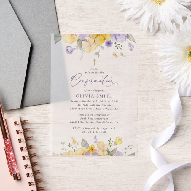 Purple Flowers, Yellow Flowers, Boho, Confirmation Vellum Invitations (Wedding)