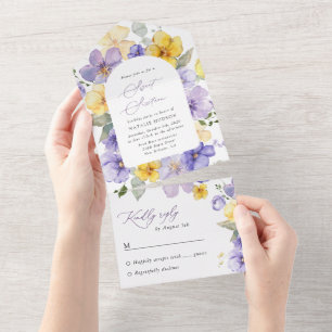 Purple Flowers, Yellow Flowers, Boho, Sweet 16 All In One Invitation