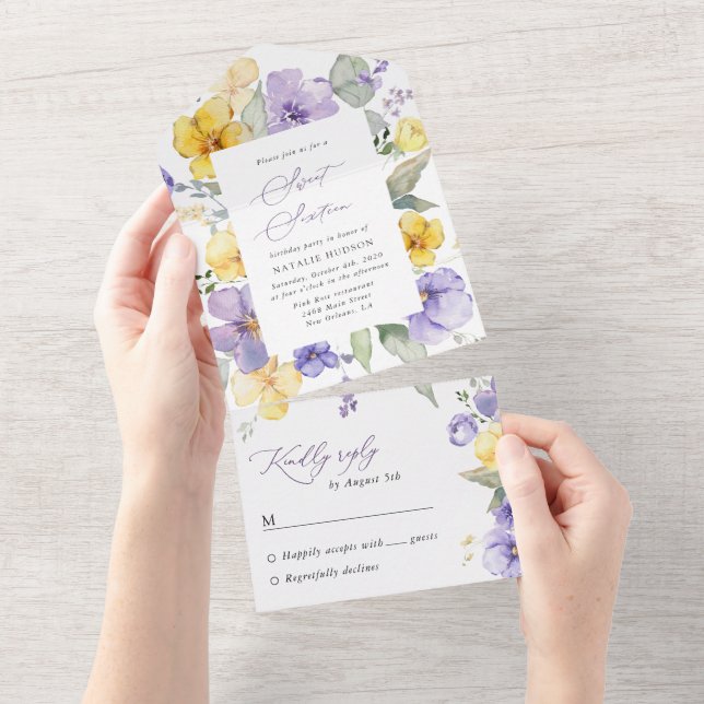 Purple Flowers, Yellow Flowers, Boho, Sweet 16 All In One Invitation (Tearaway)