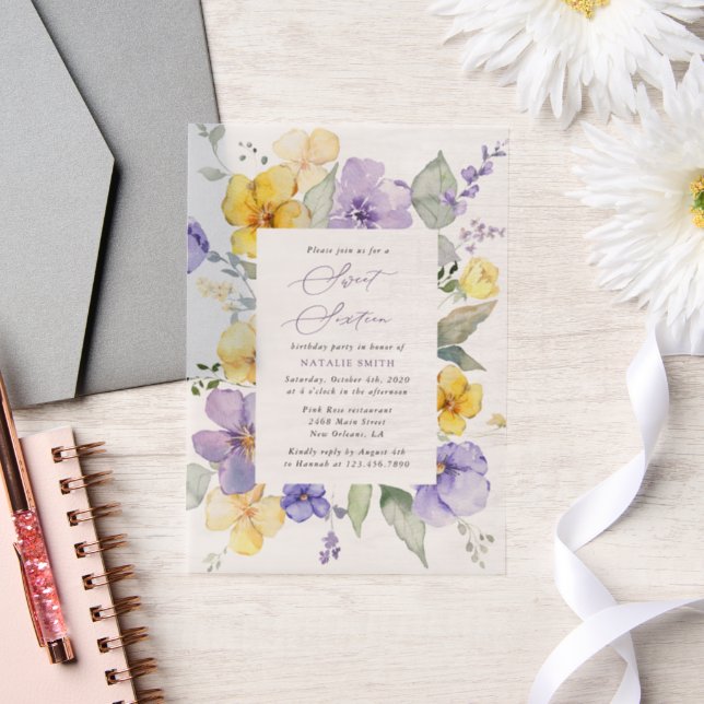 Purple Flowers, Yellow Flowers, Boho, Sweet 16 Vellum Invitations (Wedding)