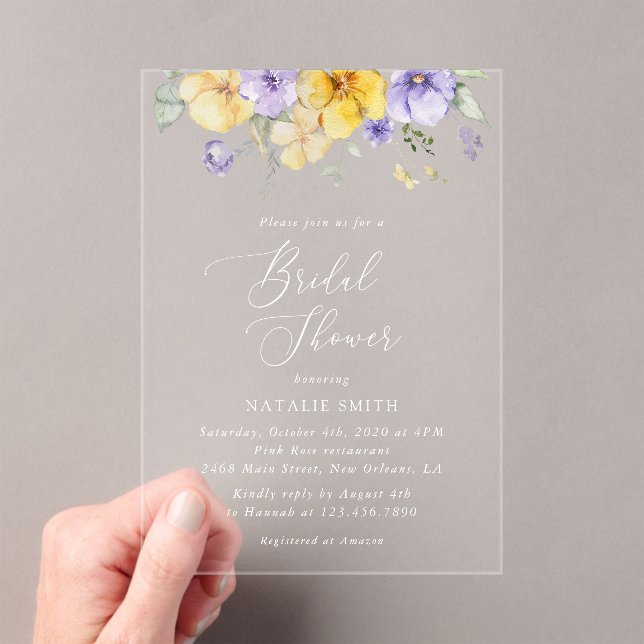Purple Flowers, Yellow Flowers, Bridal Shower Acrylic Invitations (Insitu (Handheld))