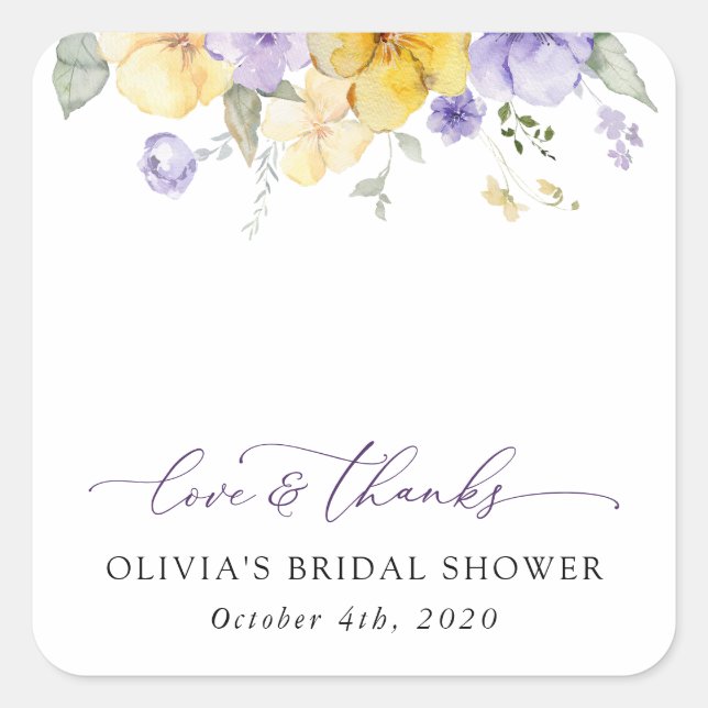Purple Flowers, Yellow Flowers, Bridal Shower Square Sticker (Front)