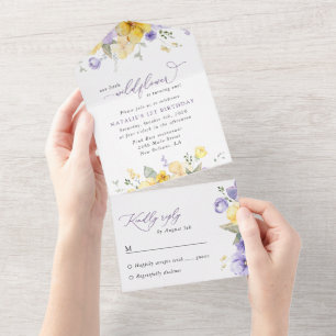 Purple Flowers, Yellow Flowers, First Birthday All In One Invitation