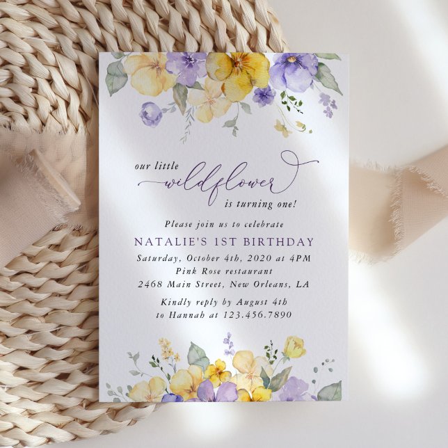 Purple Flowers, Yellow Flowers, First Birthday Invitation (Creator Uploaded)