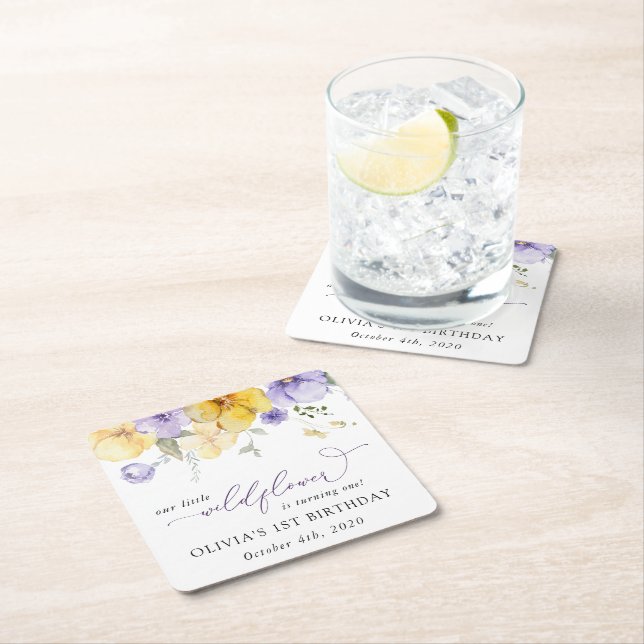 Purple Flowers, Yellow Flowers, First Birthday Square Paper Coaster (Insitu)