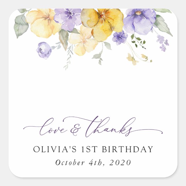 Purple Flowers, Yellow Flowers, First Birthday Square Sticker (Front)