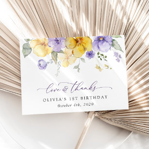 Purple Flowers, Yellow Flowers, First Birthday Thank You Card
