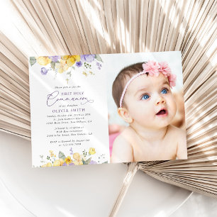 Purple Flowers, Yellow Flowers, First Communion Invitation
