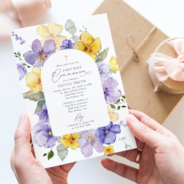 Purple Flowers, Yellow Flowers, First Communion Invitation (Creator Uploaded)