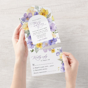 Purple Flowers, Yellow Flowers, Greenery, Wedding All In One Invitation