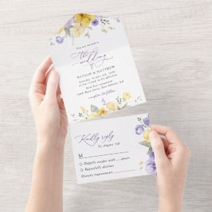 Purple Flowers, Yellow Flowers, Greenery, Wedding All In One Invitation