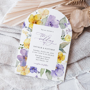 Purple Flowers, Yellow Flowers, Greenery, Wedding Invitation