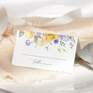 Purple Flowers, Yellow Flowers, Greenery, Wedding Place Card