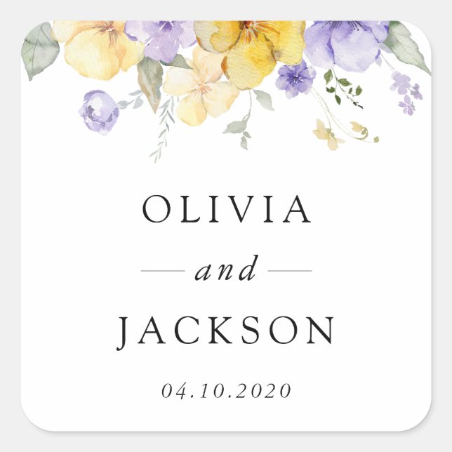 Purple Flowers, Yellow Flowers, Greenery, Wedding Square Sticker (Front)