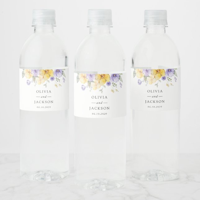 Purple Flowers, Yellow Flowers, Greenery, Wedding Water Bottle Label (Bottles)