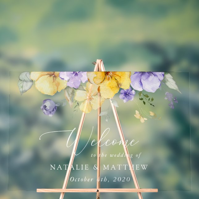 Purple Flowers, Yellow Flowers, Wedding Welcome Acrylic Sign (Neutral)