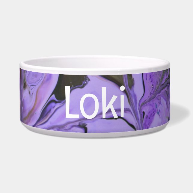 Purple Fluid Art Pet Bowl with LOKI Text (Front)