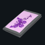 Purple flying stylised butterfly name purse tri-fold wallet<br><div class="desc">Encourage saving with this cute girls flying lilac and purple stylised butterfly wallet or purse,  personalise with your girl's name. Currently reads Paige. Uniquely designed by Sarah Trett.</div>