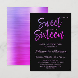 Purple Foil and Black Sweet Sixteen Birthday Invitation