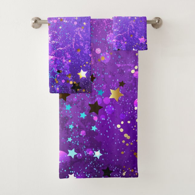 Purple foil background with Stars Bath Towel Set (Insitu)