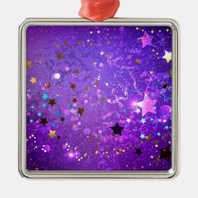 Purple foil background with Stars Metal Ornament (Front)
