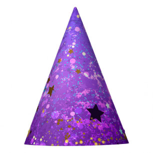Purple foil background with Stars Party Hat