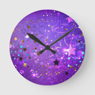 Purple foil background with Stars Round Clock