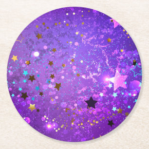 Purple foil background with Stars Round Paper Coaster
