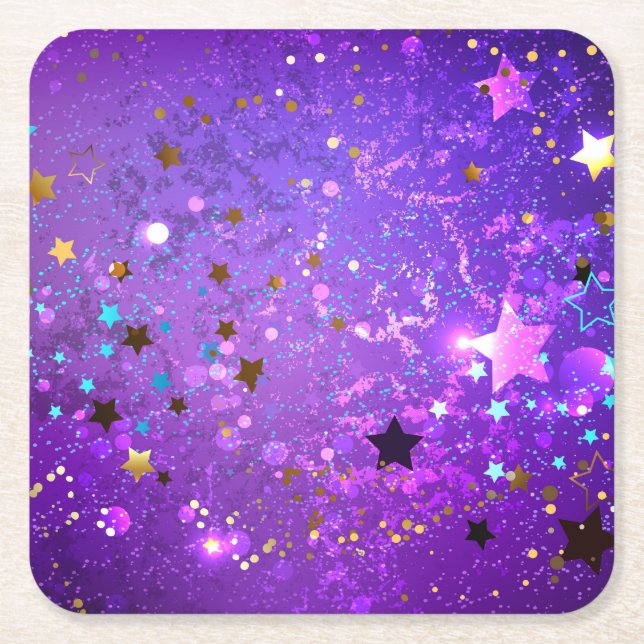 Purple foil background with Stars Square Paper Coaster (Front)