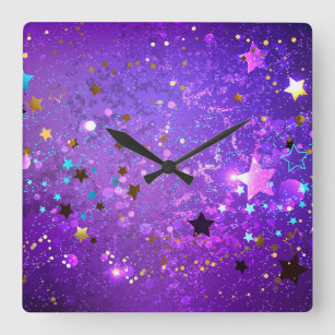 Purple foil background with Stars Square Wall Clock