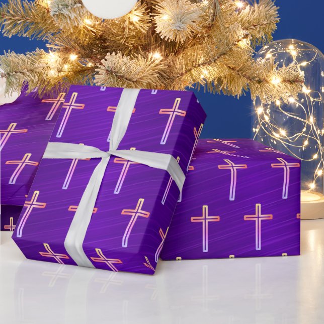 Purple Foil Gold Crucifix Christmas Wrapping Paper (Holidays)