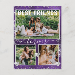 Purple Foil & Silver Glitter 3 Photo Best Friends Postcard