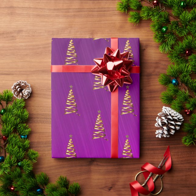 Purple Foil Stylised Christmas Tree Wrapping Paper (Holiday Gift)
