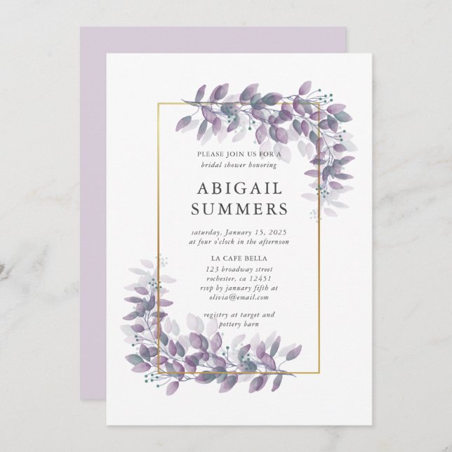 Purple Foliage and gold frame bridal shower Invitation (Front/Back)