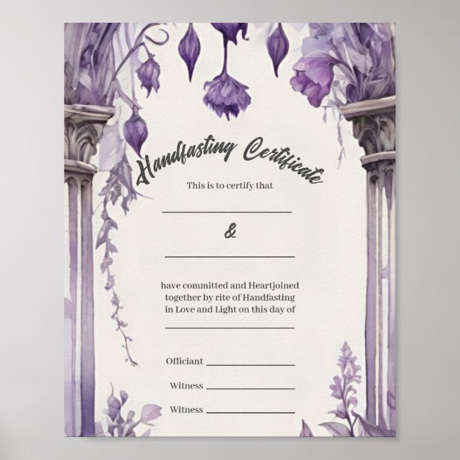 Purple Foliage Floral Arch Handfasting Certificate Poster (Front)