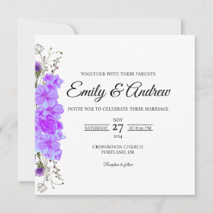 Purple Foliage Floral Watercolor Square Wedding Invitation