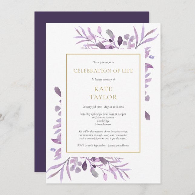 Purple Foliage Gold Celebration of Life Funeral Invitation (Front/Back)