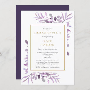 Purple Foliage Gold Celebration of Life Funeral Invitation