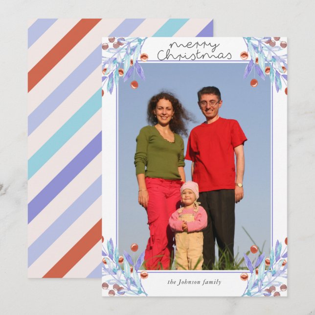 Purple Foliage Holly Berries Photo Christmas Card (Front/Back)