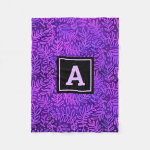 Purple foliage leaves pattern modern bold monogram fleece blanket