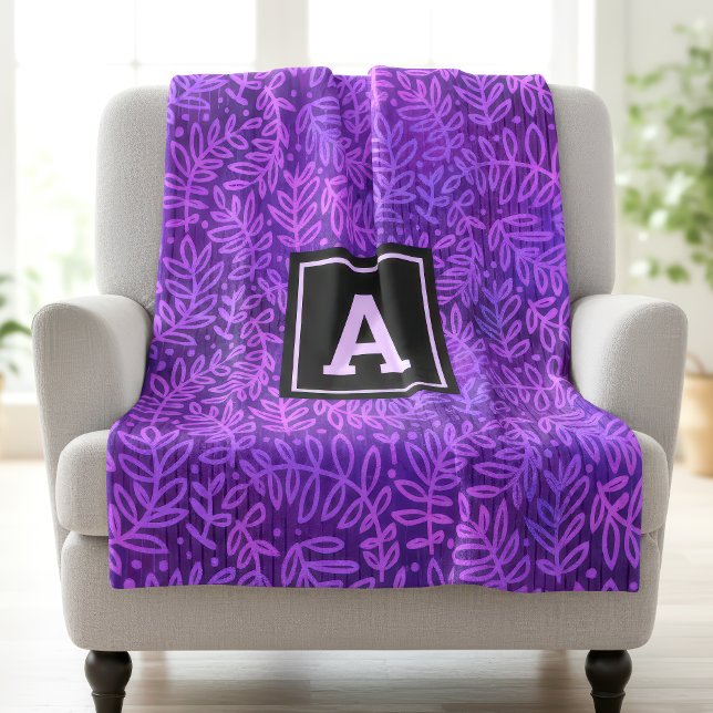 Purple foliage leaves pattern modern bold monogram fleece blanket (Creator Uploaded)