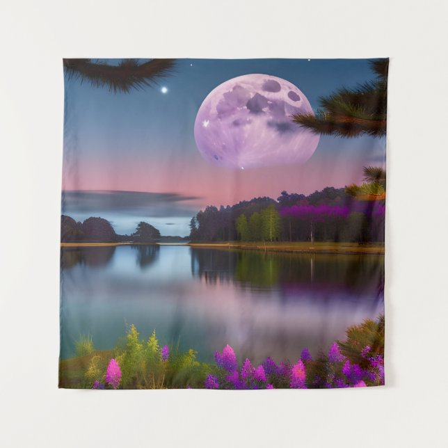 Purple foliage Moon and peaceful lake  Tapestry (Front)