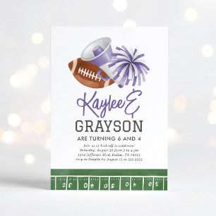 Purple Football and Cheerleading Joint Birthday Invitation