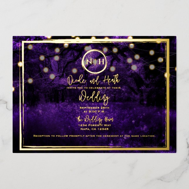 Purple Forest Lights Elegant Wedding Photo Gold  (Front)