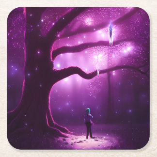 Purple Forest Lights & Tree Square Paper Coaster