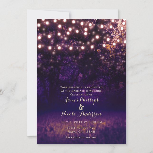 Purple Forest Sunset String Lights Rustic Wedding Invitation (Front)