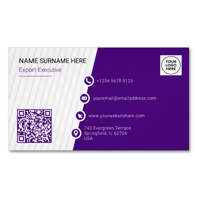 Purple Formal QR Code Modern Magnetic Business Card (Front)