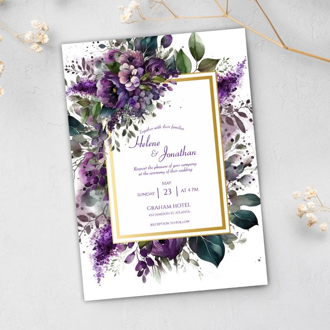 Purple Frame Floral Watercolor Wedding Invitation (Purple Floral Watercolor Elegant Boho Wedding Invitation)
