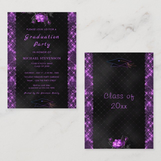 Purple Framed Black Graduation Invitation Template (Front/Back)